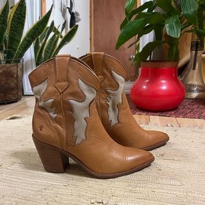 FRYE - tan leather western bootie, snip toe